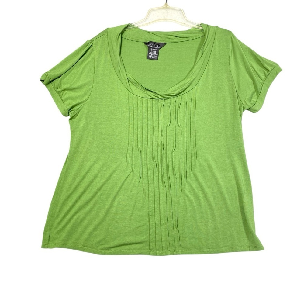 George Blouse Women XL Green Draped Cowl Neck Vertical Pleated Short Sleeve